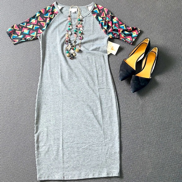 New SOFT Sheath Dress Stretch LuLaRoe Julia Contrasting 3/4” sleeves midi XS 2-4 - Picture 1 of 15